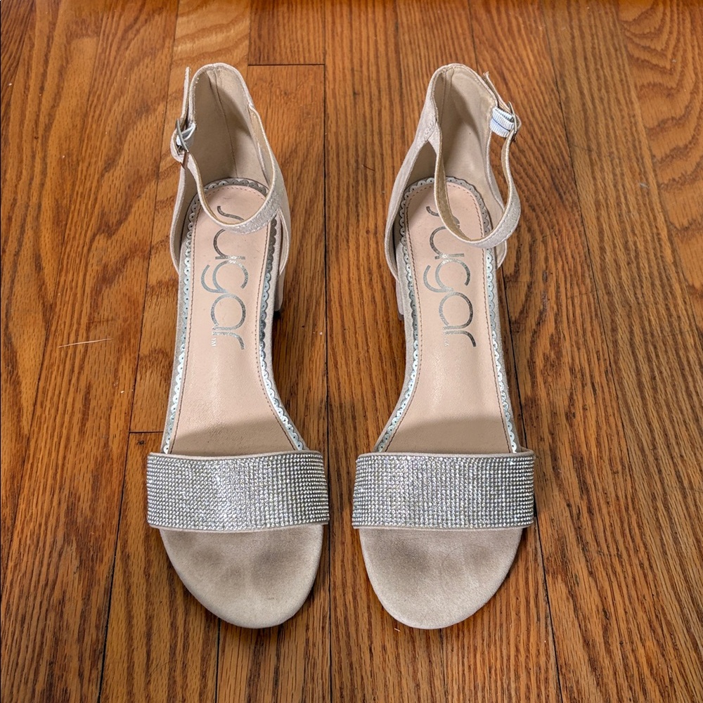 Sugar Machelene dressy block heel sandal rhinestone beige strap‎ size 10